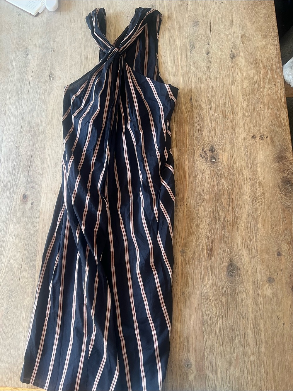 Vince Striped Twist-Front Maxi Dress in Navy and Tan / cotton, Linen, silk